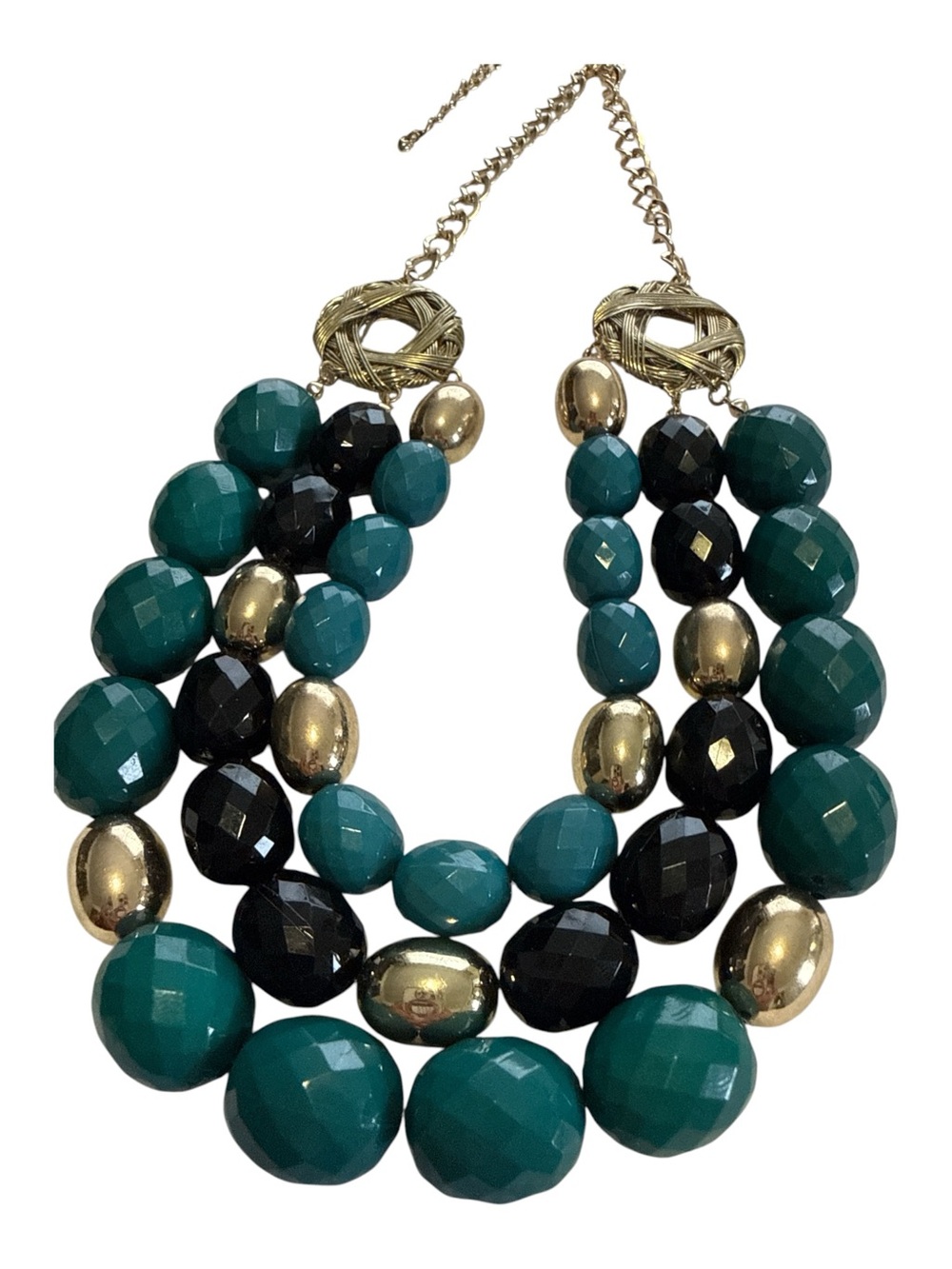 Turquoise Black Gold Multi Strand Statement Beaded Necklace EUC
